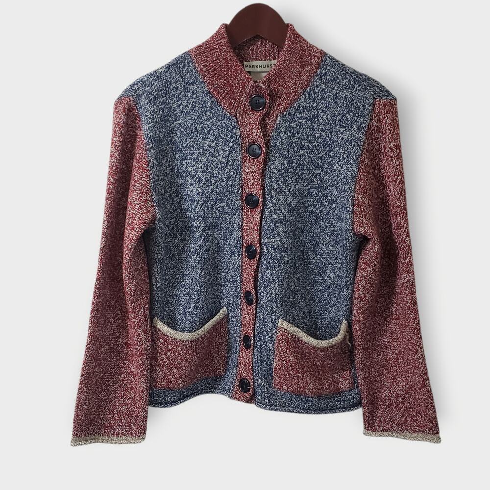 Vtg Parkhurst Womens Contrast Colorblock Cardigan Wool Blend Red Blue Sz Small